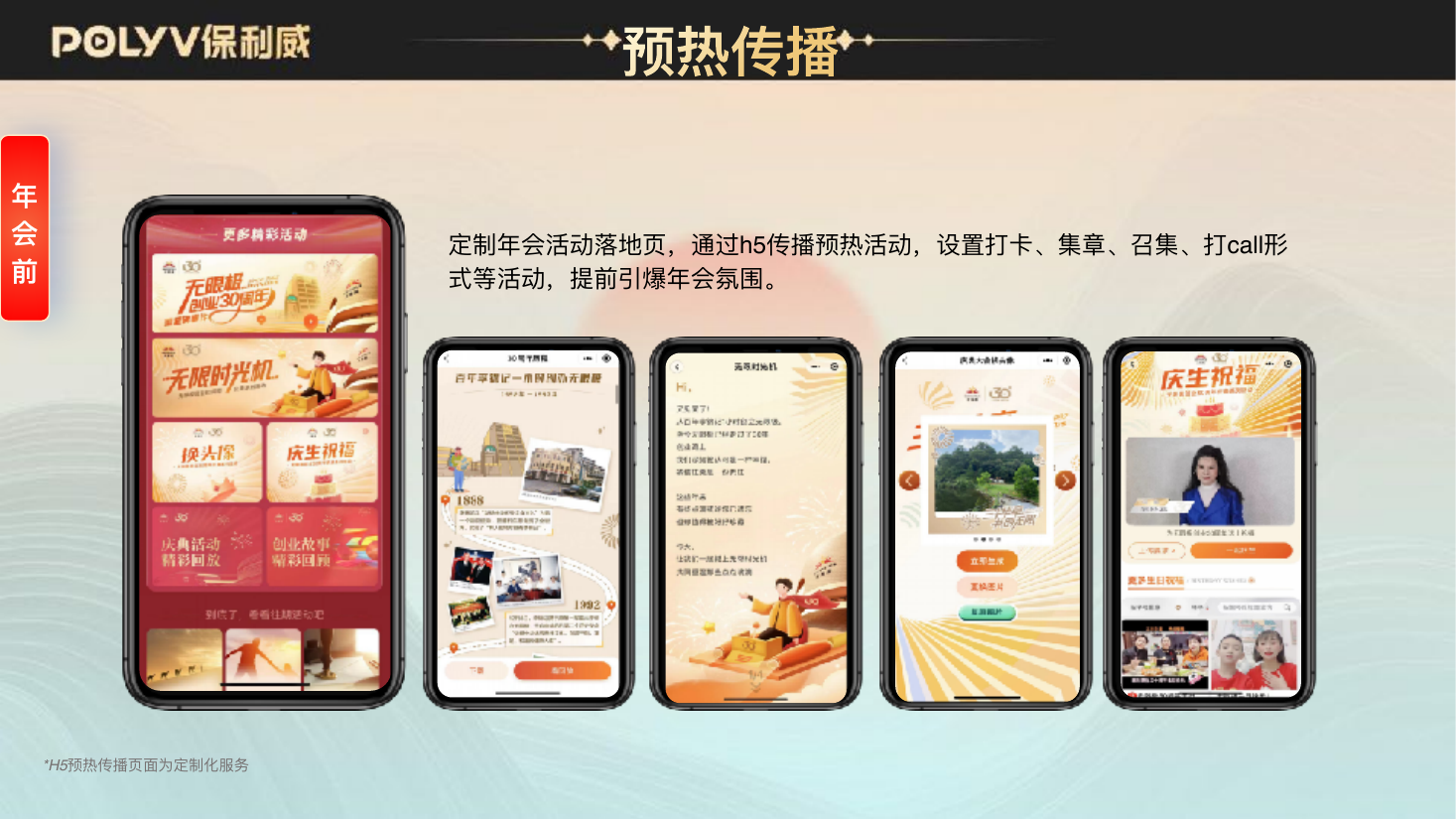 年会前的 H5 预热传播页面，支持打卡、集章、召集等玩法